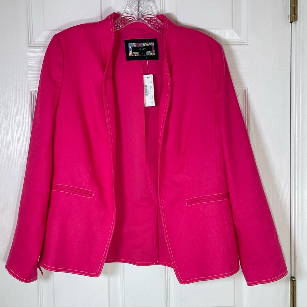 J Crew Going Out Womens Blazer Fuchsia Pink Linen Blend Open Front Jacket Sz 8